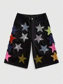 ROMWE MEN Grunge Punk 男士水钻星星装饰彩色牛仔短裤 - 黑色 - 查看 9