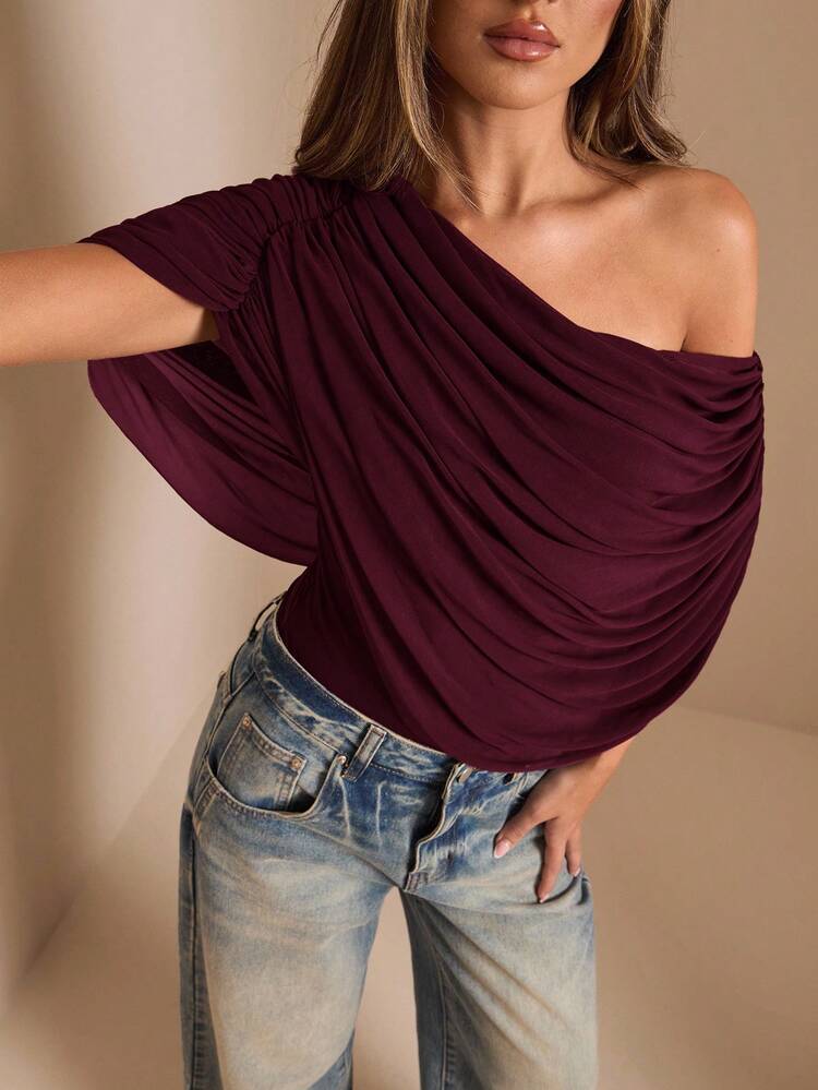SHEIN BAE Body elegante ajustado con hombros descubiertos, plisado, de color marrón/café sólido para otoño/invierno, body elegante ajustado y estilizado, top drapeado - Granate - Añade 4