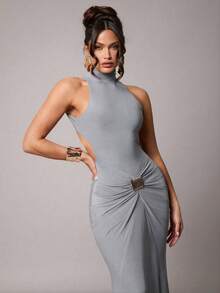 Silquee 女士优雅派对长袖性感高领露背连衣裙，金属扣装饰，酒红色/锚红色，弹力针织面料，适合鸡尾酒会、浪漫约会、秋冬针织连衣裙、派对、婚礼、伴娘、晚礼服、万圣节、圣诞节等场合。 - 淺灰色 - 查看 3