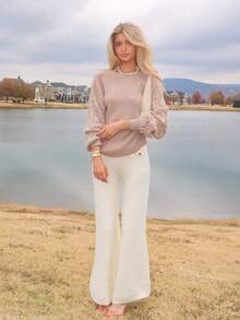 Sydney Algeri Pulover elegant cu mânecă lungă, cu guler rotund, decorat cu perle, culoare solidă, model toamnă/iarnă - Kaki - Vizualizare 3