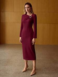 MOTF PREMIUM WOMEN'S ELEGANT COMMUTER METAL BUCKLE MIDI DRESS - Burgundy - View 6