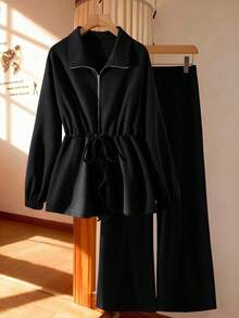 SHEIN Clasi 女款大尺碼基礎款高領抽繩拉鍊開襟兩件套 秋季 - 黑色 - 查看 1