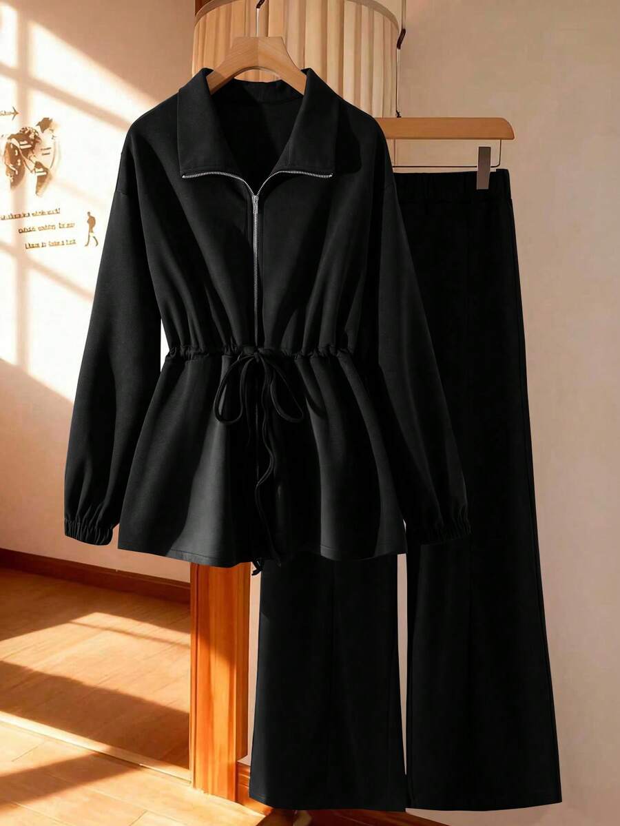 SHEIN Clasi 女款大尺碼基礎款高領抽繩拉鍊開襟兩件套 秋季 - 黑色 - 查看 1