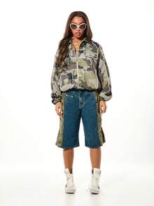 SUMWON WOMEN Camo Print Utility Jacket With White Piping Detail And Zip Front Closure For Fall Winter Streetwear - Army Green - View 3