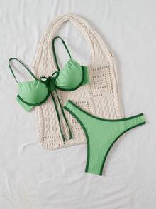 SHEIN Women's Vacation Beach Contrast Trim Swimsuit Set Crochet Bikini Set Crochet Swimsuit Women Knitted Bathing Suit Bikini Set Summer Bikini Set Vacation - Army Green - View 5