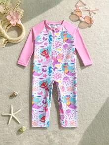 Sparklyn 女婴可爱鲸鱼印花长袖连体泳衣，紫色，适合夏季和度假