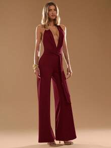 SHEIN BAE Bộ đồ liền thân thời trang đa năng cổ chữ V sâu thiết kế eo cho nữ đi nghỉ và dự tiệc - Màu Đỏ Sâu - Xem 4