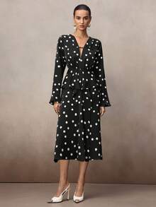 NOVVYNE Women's Polka Dot Print Patchwork Ruffle Trim Elegant V-Neck Vintage Waist Midi Dress