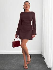 Women, Autumn, Short Dress, Tie Shoulder, Zipper, Flare Sleeve, - Brown - View 3