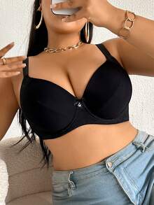 DesireSculpt 1件装加大码蕾丝拼接无钢圈薄罩杯光滑舒适简约支撑全罩杯文胸 - 黑色 - 查看 8