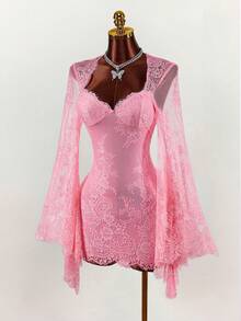 Amplova 浪漫粉色蕾丝透视低胸喇叭袖迷你连衣裙，适合派对、约会、情人节、新年等场合。 - 粉色 - 查看 7