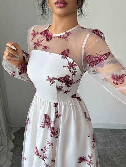 SHEIN Elenzya Women's New Elegant Delicate Party/Date Night Dress, Lined With Layered Mesh Embroidered 3D Butterfly Decor, Suitable For Formal Occasions For Women Aged 20-35+, (Random Embroidery)