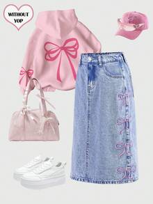 SHEIN Girlism Chân váy dài denim màu hồng thêu nơ, túi, mềm mại, thoải mái, dễ thương cho bé gái tuổi teen, thích hợp mặc hàng ngày, dạo phố, Giáng sinh, Năm mới, mùa đông, váy thường ngày, chân váy thanh lịch, dự tiệc, đi học, váy hoa, chân váy họa tiết. - Rửa nhẹ - Xem 1