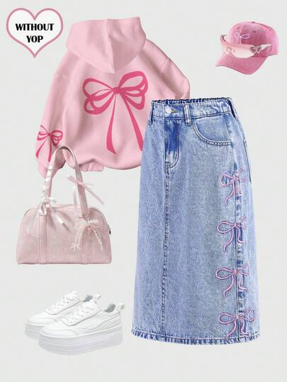 SHEIN Girlism Tween Girl Casual Elegant Soft Comfortable Cute Pink Bowknot Embroidered Pocket Casual Denim Long Skirt Fall Winter,For Girls Fall/Winter Dailywear ,Girls Streetwear Outfits,Girls Christmas Outfits,Girls New Year Outfits,Winter Jeans,Teen Jeans,Casual Dress For Girls,Girls Elegant Skirt,Party Outfits For Girls,Girls Back To School Outfits,Floral Dress,Graphic Skirt Girls