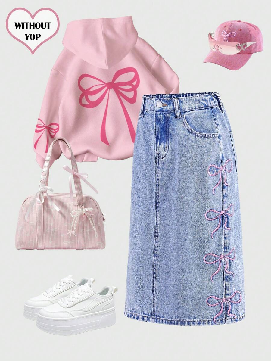 SHEIN Girlism Chân váy dài denim màu hồng thêu nơ, túi, mềm mại, thoải mái, dễ thương cho bé gái tuổi teen, thích hợp mặc hàng ngày, dạo phố, Giáng sinh, Năm mới, mùa đông, váy thường ngày, chân váy thanh lịch, dự tiệc, đi học, váy hoa, chân váy họa tiết. - Rửa nhẹ - Xem 1