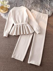 Sparklyn 女童两件套毛衣套装，V领针织上衣和裤子，时尚收腰设计，居家、户外、旅行皆宜，秋冬季针织套装休闲两件套，长袖系带上衣，女式两件套裤装 - 杏色 - 查看 2