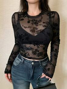 DAZY 女士印花植绒网纱透视长袖上衣，休闲海滩度假风，春夏Y2K风格 - 黑色 - 查看 6