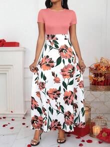 SHEIN Ladiora Đầm Maxi Dài Cổ Tròn Tay Ngắn Họa Tiết Chắp Vá Màu Trơn Cho Nữ - Hồng - Xem 6