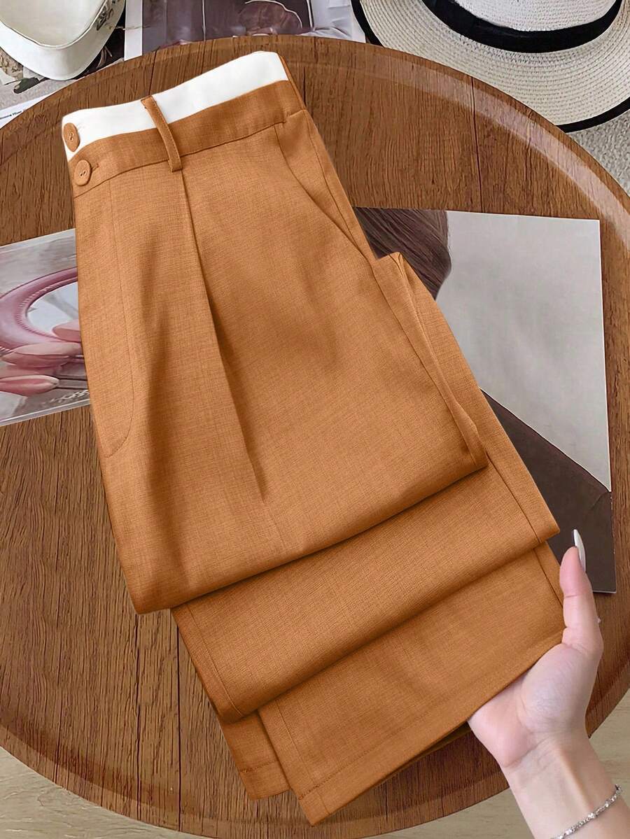 SHEIN PETITE 大码女式撞色腰带休闲直筒裤 - 橘色 - 查看 1