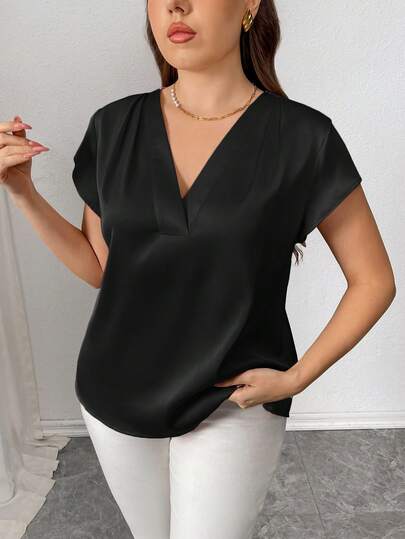 Elenzga Black Plus Size Woven Fabric Batwing Short Sleeve V Neck Regular Top For Women