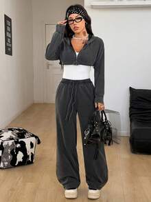 Coolane Women's Winter Streetwear Basic Daily Wear Chic Casual Athleisure Cotton Dirty Washed Loose Crop Hooded Sweatshirt And Low Rise Baggy Pants Two Pieces Outfits - Black - View 6