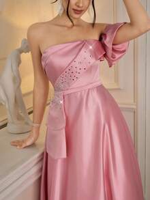 Poshira Women's Rhinestone Embellished One Shoulder Formal Evening Gown With Pleated Waist Pink Satin Dress One Shoulder Formal Dress Pink Ball Gown Pink Dinner Dress Valentines Dress Elegant Dress Sequin Dress Floral Dress - Pink - View 1