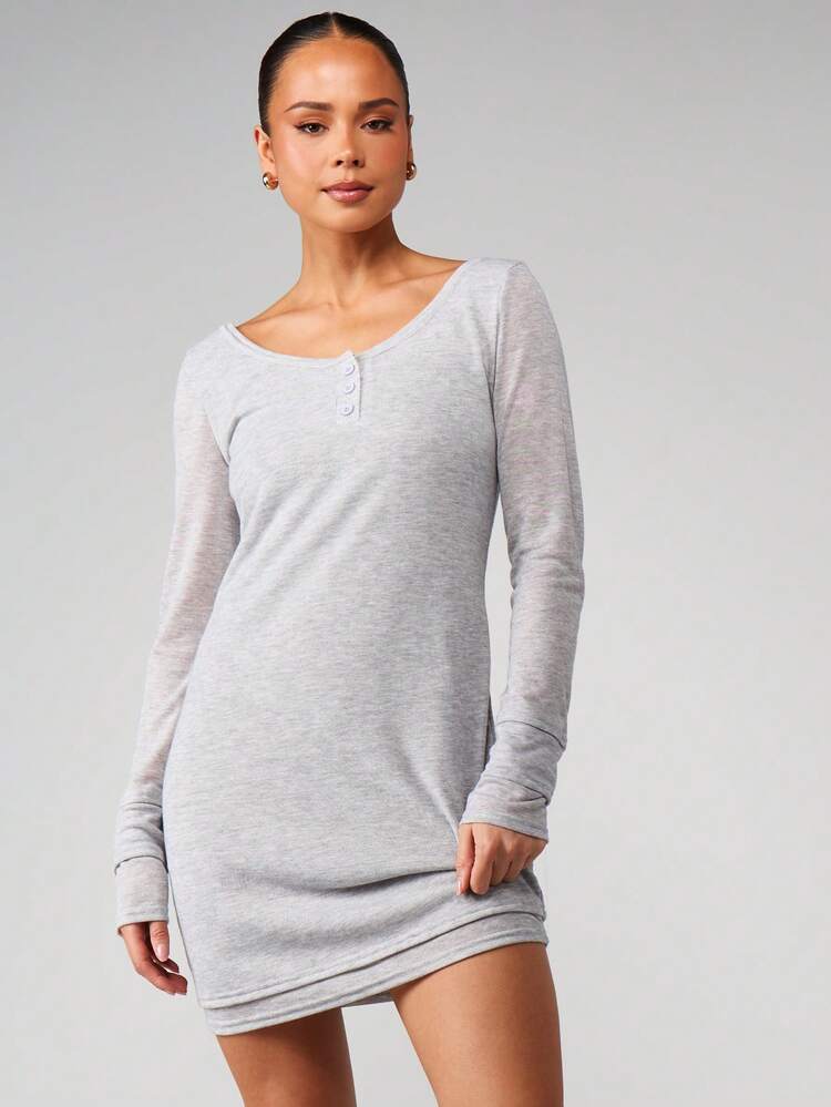 MISSGUIDED 버튼 디테일 리브 니트 바디콘 가을 겨울 캐주얼이 있는 헤더 그레이 스쿱넥 긴소매 미니 드레스