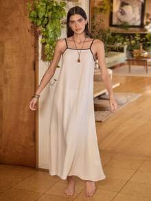 Lullawish 女士波西米亚风休闲宽松撞色吊带露背抽绳镂空编织连衣裙，居家休闲装 - 杏色 - 查看 2