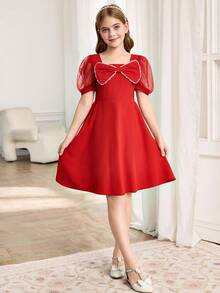 Sparklyn Tween Girl Elegant Woven Back Gathered Square Neck Mesh Puff Sleeve Luxurious Pearl Bow Decor Dress, Suitable For Daily Wear, Gatherings, Parties, Weddings - Red - View 5