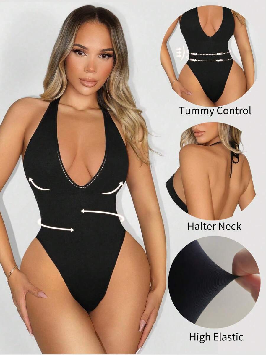 Sirith Seamless Knitted Deep V Neck Bodysuit - Black - View 1