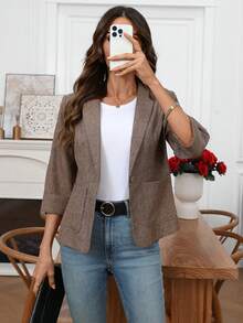 EMERY ROSE 女士休闲百搭通勤西装外套 春假春季西装女套装 - 卡其色 - 查看 5