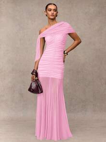 SHEIN BAE Women's Solid Color Off-Shoulder Ruched Tie Design Mesh Patchwork Elegant Cinched Waist Dress For Party - Baby Pink - View 3