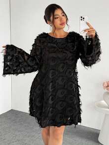 Firerie Đầm dài tay cổ tròn dáng suông rộng rãi, màu trơn, có tua rua dành cho nữ cỡ lớn - màu đen - Xem 7