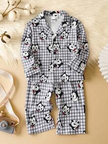 SHEIN Felix The Cat Baby Boy Plaid & Cartoon Print Button-Front Long Sleeve Top And Pants Pajama Set - Black and White - View 1