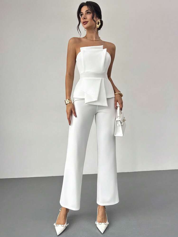 Tuta bianca asimmetrica senza spalline, in vita alta, elegante, raffinata, minimalista, dignitosa, romantica, alla moda, adatta per il pendolarismo, moderna, adatta per occasioni festive, come invitata a un matrimonio, San Valentino, appuntamenti serali - Bianco - Visualizzare 9