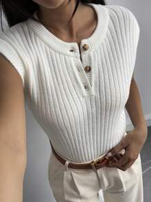 DAZY Áo len dệt kim không tay màu trơn dành cho nữ, phong cách Thu/Đông Y2K - trắng - Xem 5