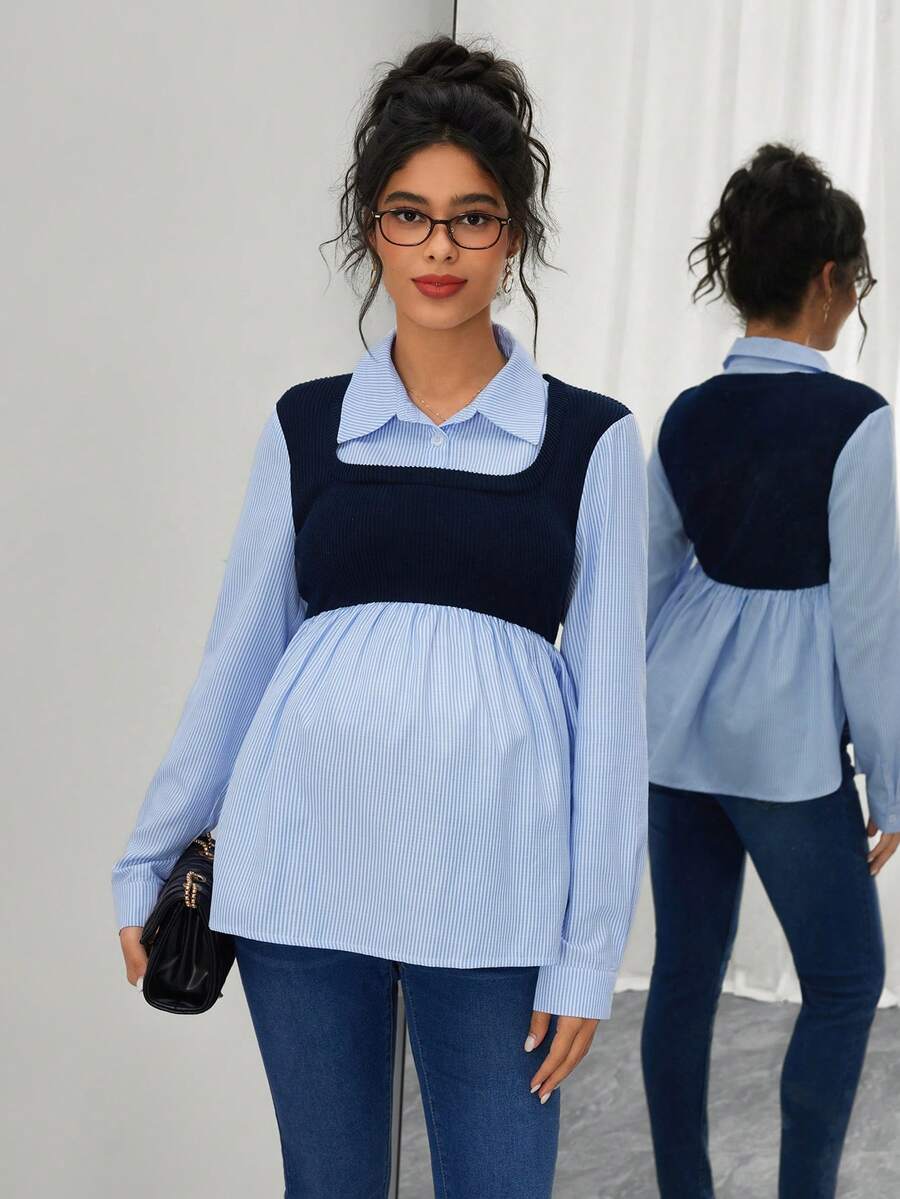 SHEIN Maternity Contrast Stripe Shirt Collar Long Sleeve Casual Blouse - Blue - View 1