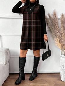 SHEIN Frenchy 大码女式纯色高领长袖T恤和格子吊带连衣裙休闲两件套 - 咖啡棕 - 查看 6