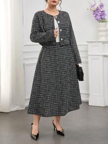 Modelyn Ensemble 2 pièces grande taille pour femmes : veste décontractée à manches longues avec boutons devant et jupe - Noir et Blanc - Voir 3