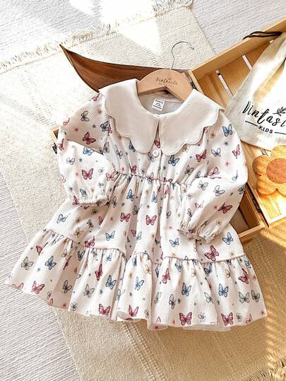 Vintaside Kids Baby Girls' Corduroy Fabric Butterfly Print Floral Dress, Countryside Style, Suitable For Spring, Autumn And Winter Transition Seasons, Fashionable, Cute And Elegant