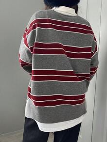 FRIFUL Women's Polo Collar Striped Contrast Color Casual Sweater - Grey - View 5
