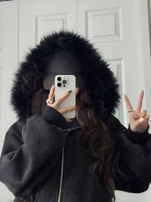 FRIFUL 女士保暖内衬撞色领拉链卫衣 - 深灰色 - 查看 2