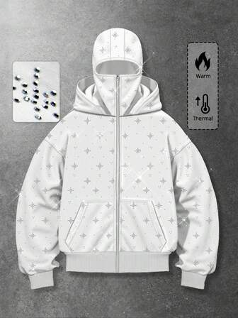 Street Life Sudadera con capucha con cremallera y rhinestones de moda para hombre, de manga larga