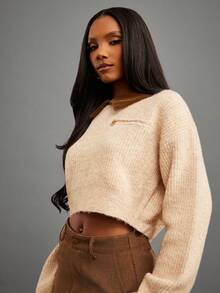 NYA SZN Elegant Beige Long Sleeve Collar Loose Zipper Pocket Detail Sweater,Back-To-School School Autumn Casual Loungewear Preppy Old Money Holiday Festive - Yellow - View 4