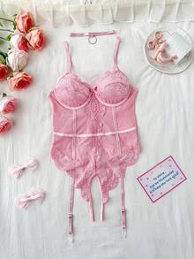 4pcs Women's Sexy Lace Contrast Mesh Lingerie Set (With Underwire, 1 Pair Leg Garters) - Pink - View 1