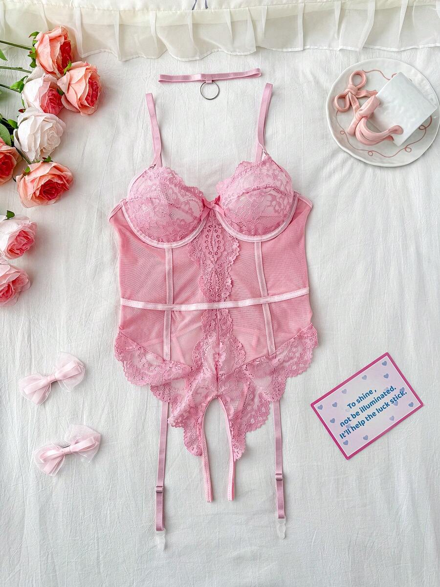 4pcs Women's Sexy Lace Contrast Mesh Lingerie Set (With Underwire, 1 Pair Leg Garters) - Pink - View 1