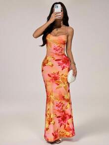 SHEIN PETITE Váy họa tiết hoa hở lưng khoét sâu dành cho nữ đi nghỉ - trái cam - Xem 5