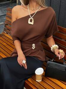 Siren Gaze Women's Solid Color Asymmetrical Ruffle Shirt, Metal Button Decor Oblique Collar Asymmetrical Shoulder Blouse, Spring Break Outfits, Going Out Tops, Elegant Blouses For Women, Metal Buckle Glitter Top, Brown Top, Casual Blouses For Women , Valentines Day Summer Coffee Brown Top Brown Blouses - Brown - View 7