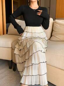 DAZY Women's Elegant Color Block Ruffle Hem Sweater Dress, Autumn/Winter