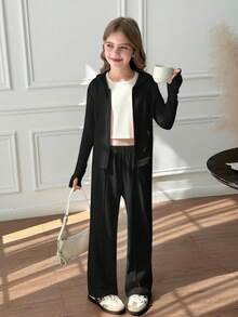 Tween Girls 2pcs Solid Drawstring Hoodie Top And Wide Leg Pants Set, Casual For Spring/Autumn, Daily Wear - Black - View 6